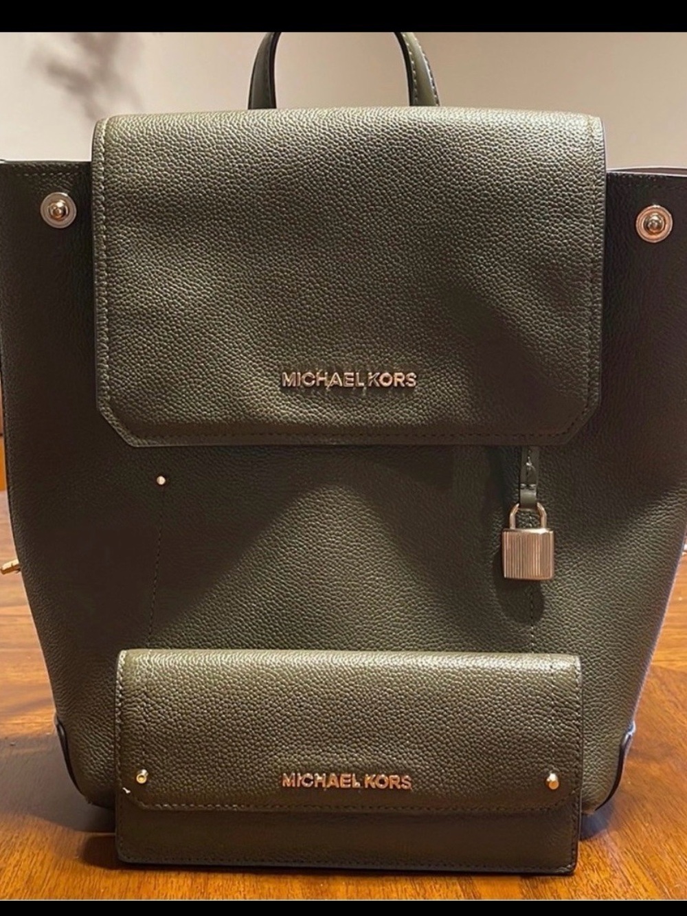 Michael Kors Dark Olive Pebbled Leather Backpack and Wallet Set